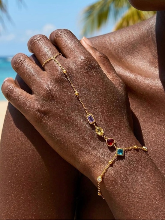 Anthropologie Jewelry - Gold Multicolor Gemstone Hand Chain Bracelet - Women Jewelry